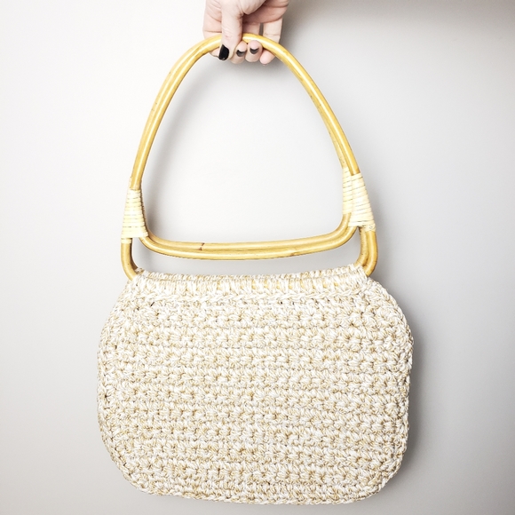 Vintage Handmade Bamboo Handled Crocheted Purse